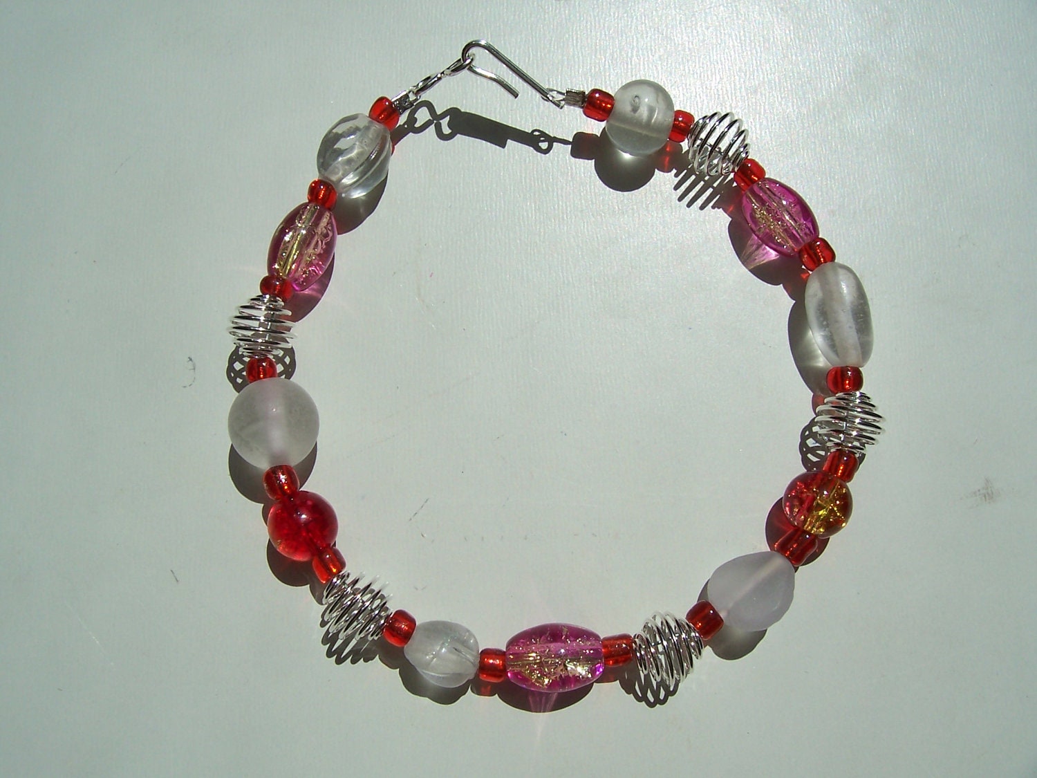 Pink Crackle Glass and Silver Bead Cages Handmade Bracelet-- Sale Price