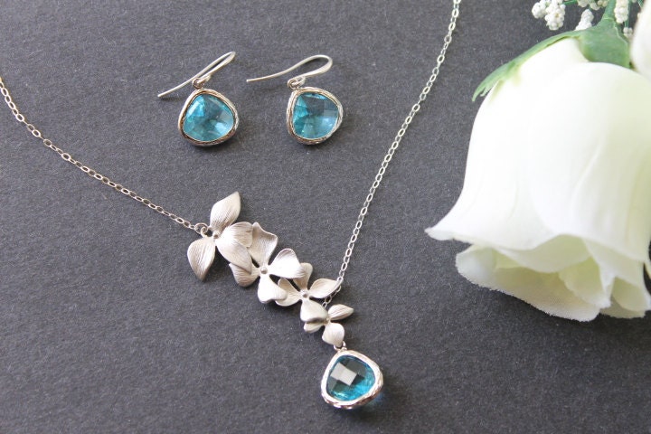 Triple Orchid Flower Lariat Necklace,  Auqa Blue Faceted Triangle Glass Stone Pendant Necklace, Earrings, Sterling Silver, Sets