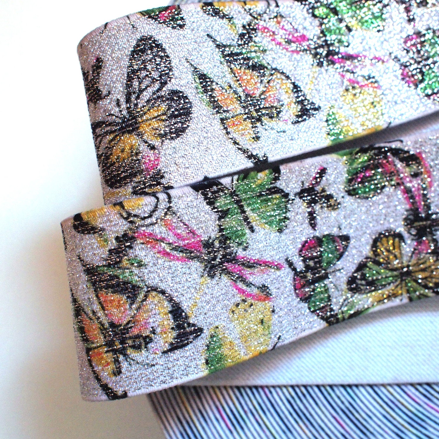 NEW STOCK 2" Multi-Coloured Butterflies on Silver Metallic Stretch Elastic Band. (1 Yard)