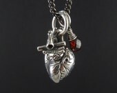 Anatomical Heart Necklace Small Size - Sterling Silver Anatomical Heart with Sterling Silver Wire-Wrapped Garnet on 24" Gunmetal Chain