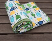 Designer Baby Blanket - Ivory Owls with Green Minky