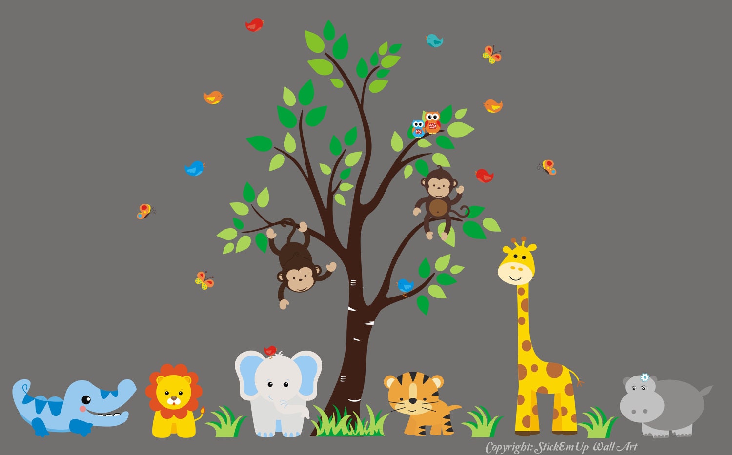 Baby Wall Decal Tree with Giraffe, Elephant, Lion, Tiger, Hippo, Alligator, Monkeys, Owls -Children Wall Decals - Wall Decals Nursery - 0002