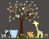 Custom Order for Ashley - Wall Decal Tree with Jungle Animal Patterned Leaves, Giraffe, Elephant, Zebra, Tiger - Baby Wall Decal -284.1