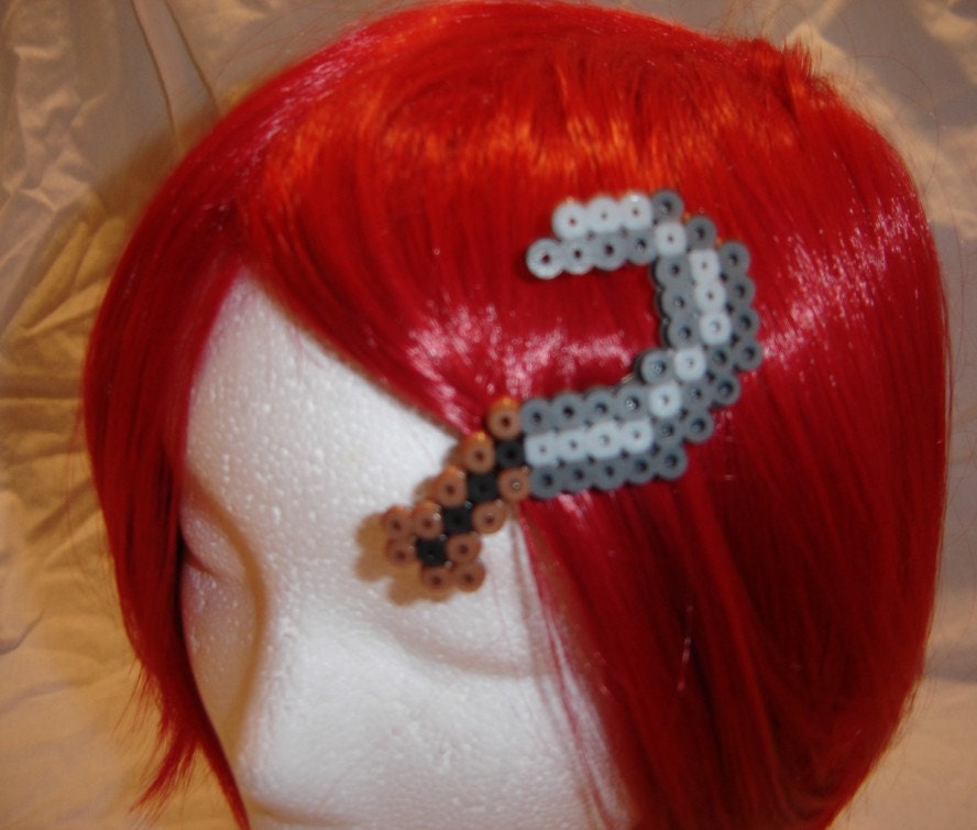 Minecraft style 8bit reaping hook sickle scythe video game perler barrette retro hipster piel 16bit black brown gray