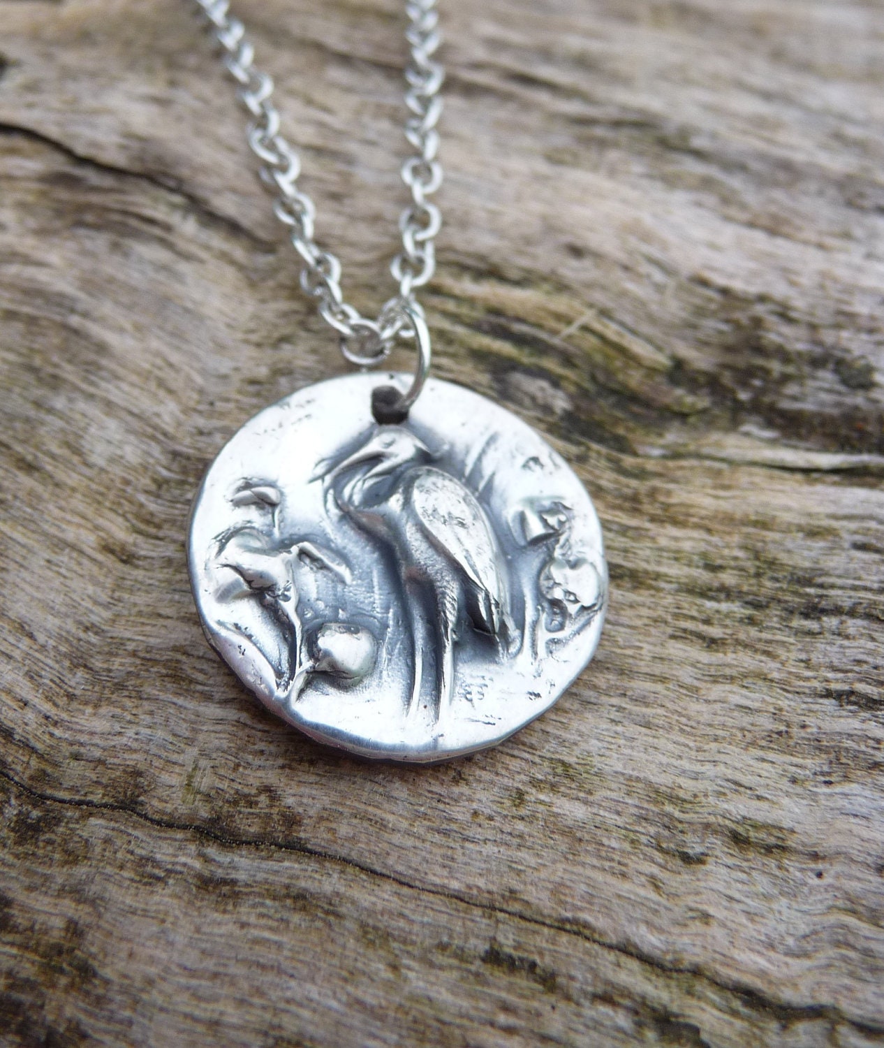 Heron wax seal style pendant made from fine silver, nature bird lover gift