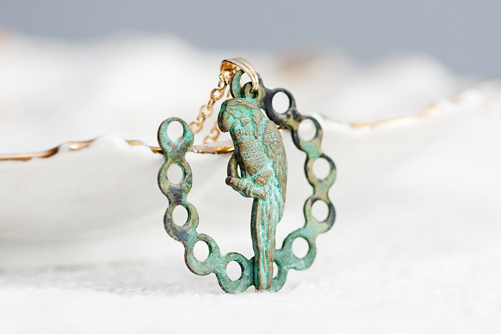 Patina Parrot Necklace Green Parrot Verdigris Charm Patina Bird Parrot Jewelry Unique Patina Jewelry - N240