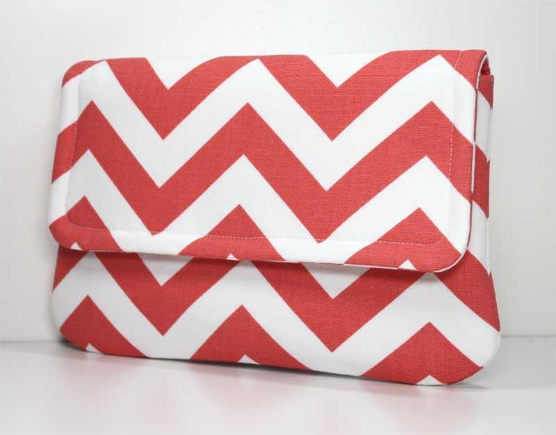 Clutch Purse - Coral and White Chevron - Ready to Ship
