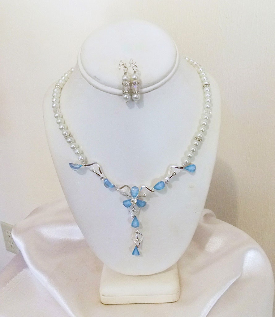 Bridal Jewelry Set Swarovski Pearls and Crysta's "Blue Orchids" Something Blue