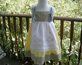 girls apron knot dress yellow and gray, available to order 2T, 3T,4T,5t