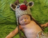 Infant TAN Rudolph Reindeer Crochet hat GREAT photo prop or gift for Christmas - size NB, 1-3mos, 3-6mos, 6-12mos