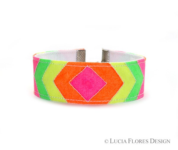 Bohemian bracelet hand painted Native Aztec chevron tribal inspired pattern Neon by LuciaFloresDesign