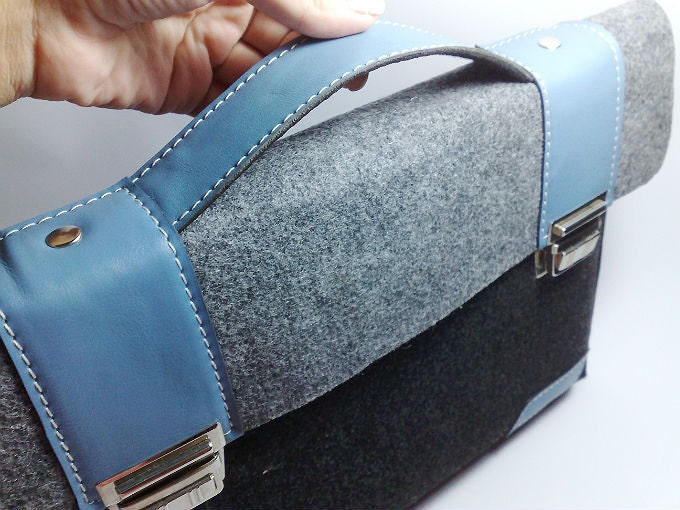 MacBook Pro 13 and MacBook Air sleeve case felt briefcase with sky blue leather straps holder cases cover Apple 13" inch
