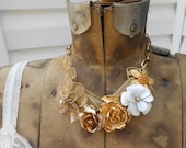 Gold Flower Assemblage Necklace Vintage Repurposed Collage Bib Brooch Choker BLOOMS IN GOLD