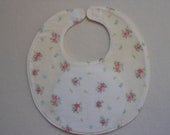 Baby bib, four soft layers, reversible, white with pink roses