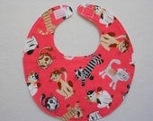 Baby bib, four soft layers, reversible, bright pink with very cute cats