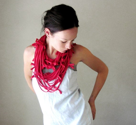 Shag Scarf Necklace - Red Upcycled Jersey Cotton Infinity Scarf - Eco Friendly T Shirt Loop Scarf