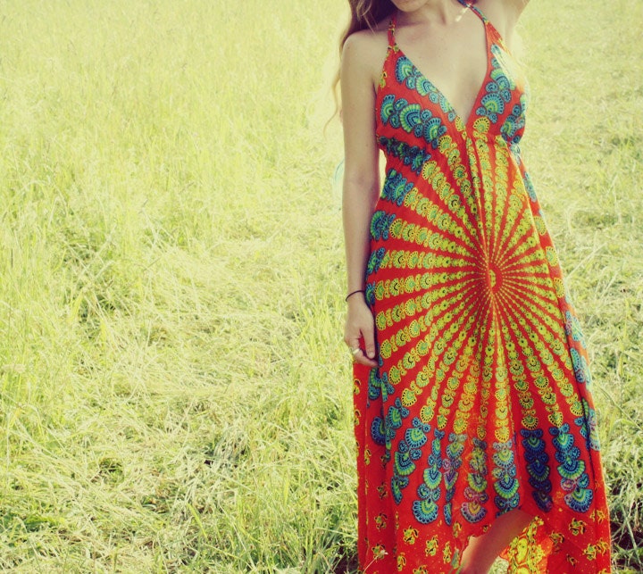Long Hippie Dress, Bohemian, Tapestry, Sundress, Halter Dress, Scarf Dress, Fairy Dress, Backless, Blue, Festival
