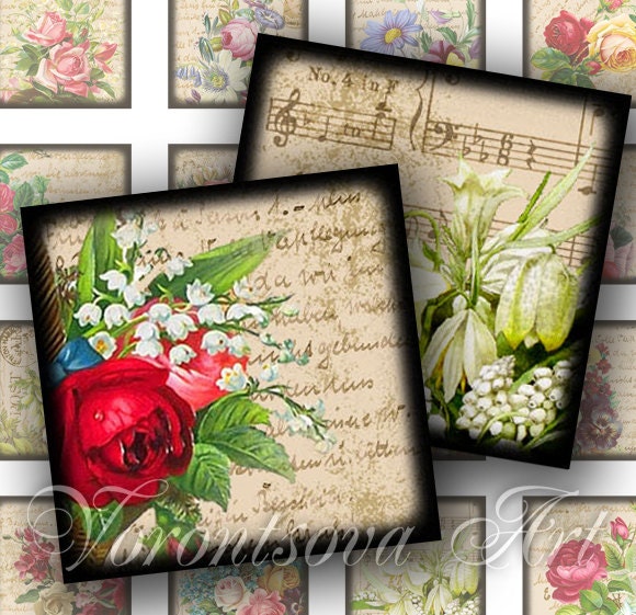 ROSES squares image vintage images Digital Collage sheet Printable Download 1x1 inch square for magnets, pendants. v3282