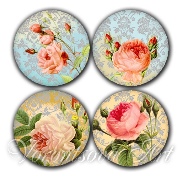 Printable image VINTAGE ROSES 2.5 inch circles digital collage sheet for pocket mirrors, magnets, cupcake toppers, scrapbooking v86005