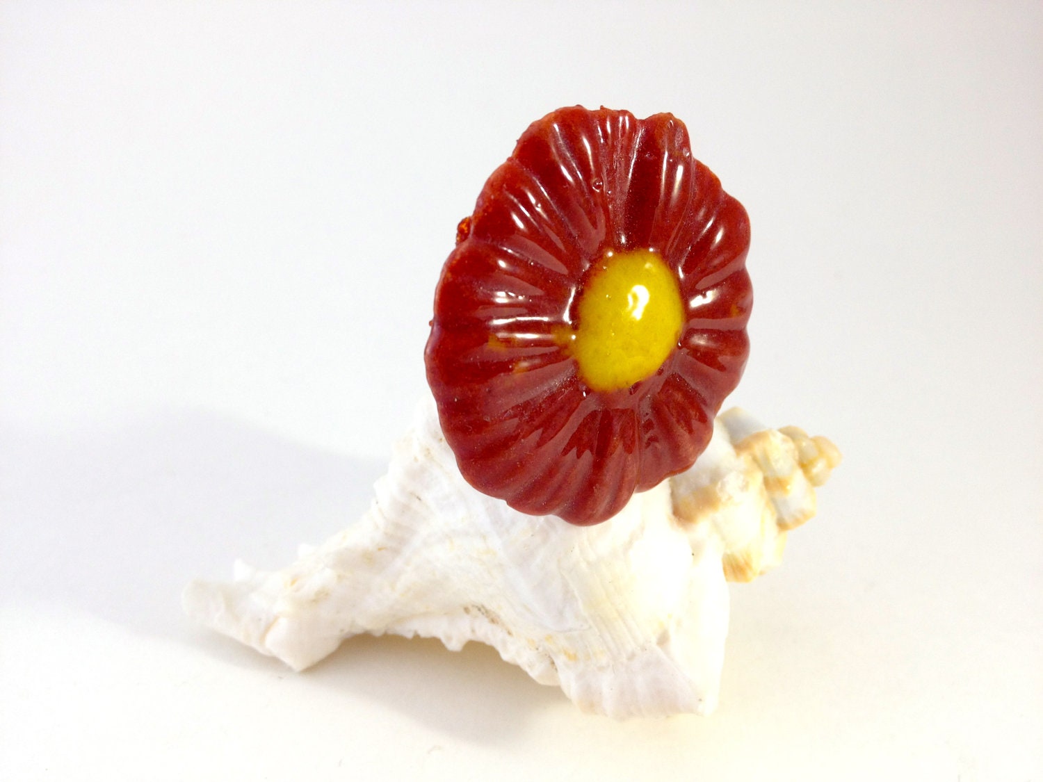 Big Ring Fused  Glass Red and Yellow  Flower Adjustable Size Ring 484