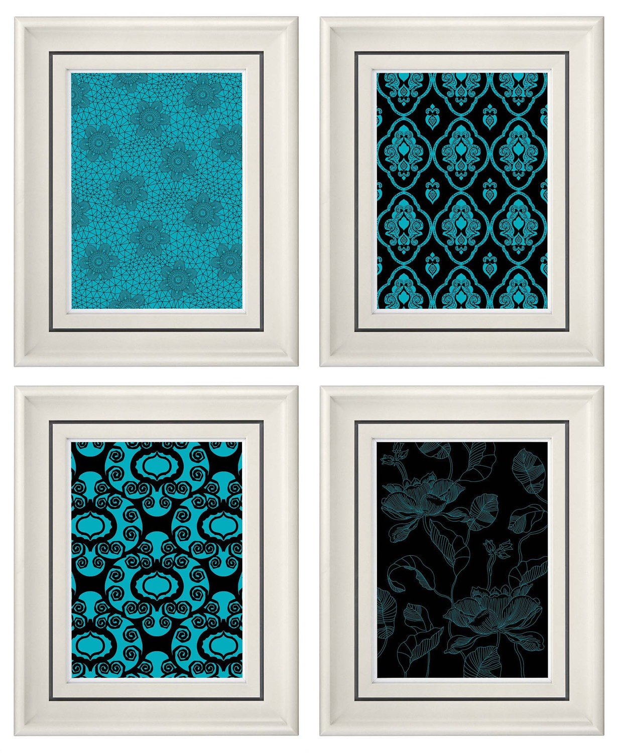Set of Four Modern Vintage Turquoise/Black Wall Art by catsbeads