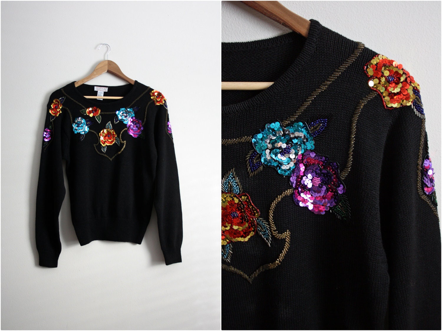 Vintage 80s floral sequins Chunky Knit Sweater. Jumper. Size S/M