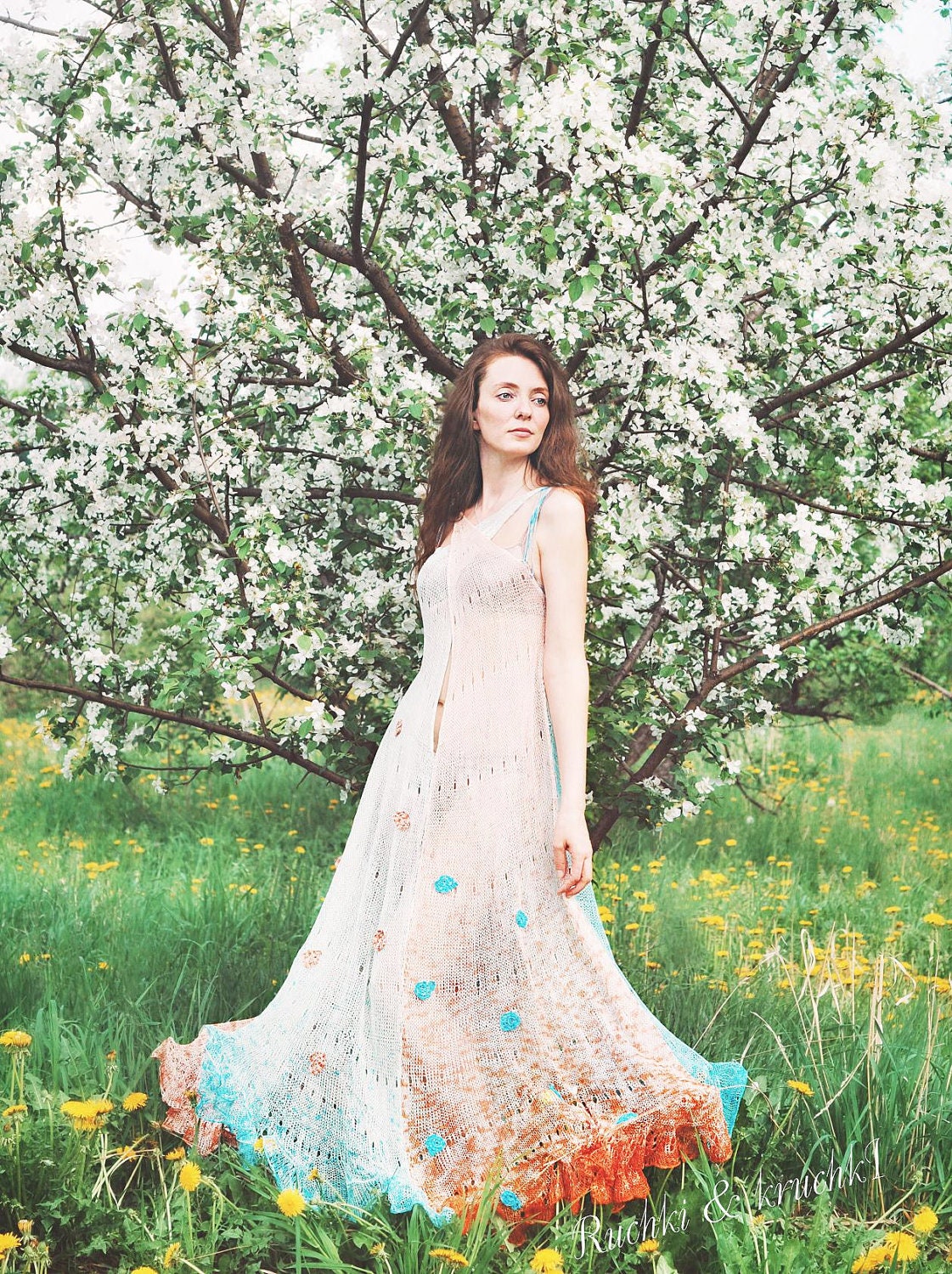 Dress maxi crochet knitted boho gypsy grecian goddess wedding hand dyed degrade ombre turquoise shell silk " Aphrodite Anadyomene"