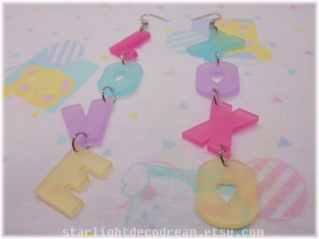 Pastel LOVE XOXO Acrylic Dangle Earrings for Fairy Kei Decora or Kawaii Fashion