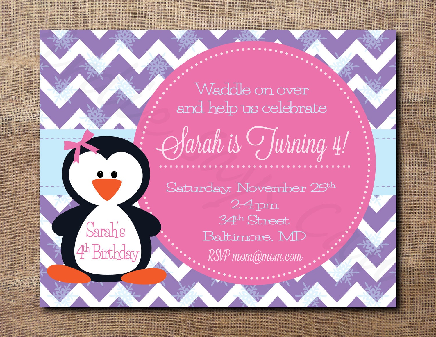 Winter Penguin Birthday Invitation (shower, birthday party, party) DIY