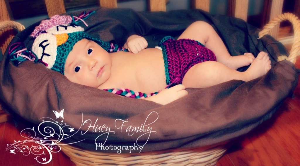 Newborn Baby Girl Sleepy Crochet OWL Purple n Teal Diaper Cover -n- Beanie Hat Set -- Cute Photo Prop