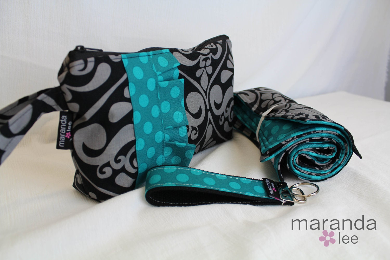 Zippered Diaper Clutch  Changing Pad and Keychain Set - Makeup Clutch - Wristlet in Gray Damask Large Fits Diapers and Wipes or Wallet