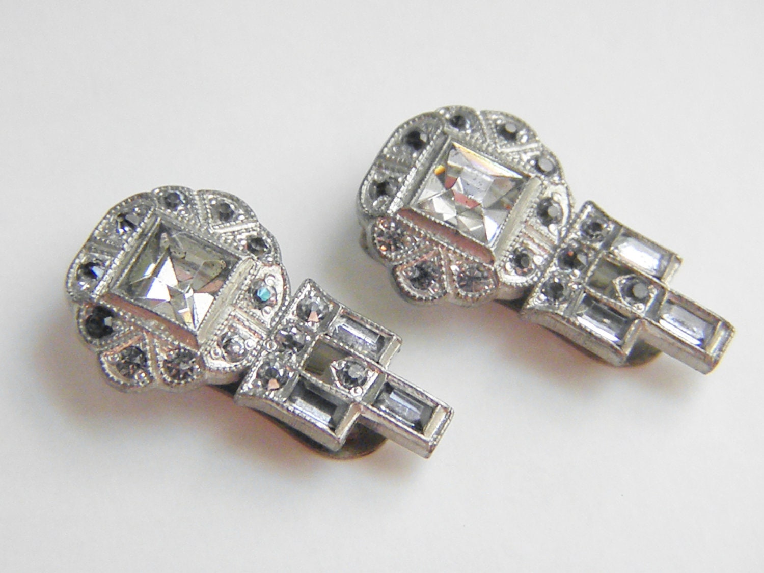 Pair Vintage Art Deco Rhinestone Dress Clips 20s