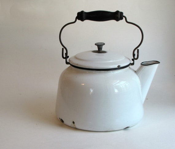 Vintage White Enamel Teapot / Kettle / by