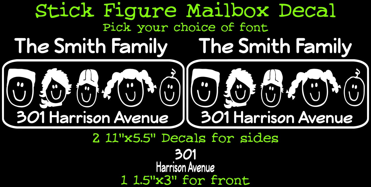 Stick Figure Mailbox Decal set-Includes decals for both sides and the front-PICK YOUR FONT