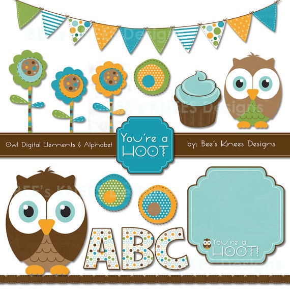 Owl Clip Art Digital Scrapbook Pack Baby Boy - Instant Download