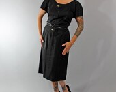 1950s Vintage Dress...Fall Fashion Black Polished Cotton 50s Sheath Dress with Yellow Detail Size Large