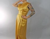 1960s Vintage Dress...Holiday Fashion Gold Satin 60s Beaded Floor Length Formal Gown Size Small