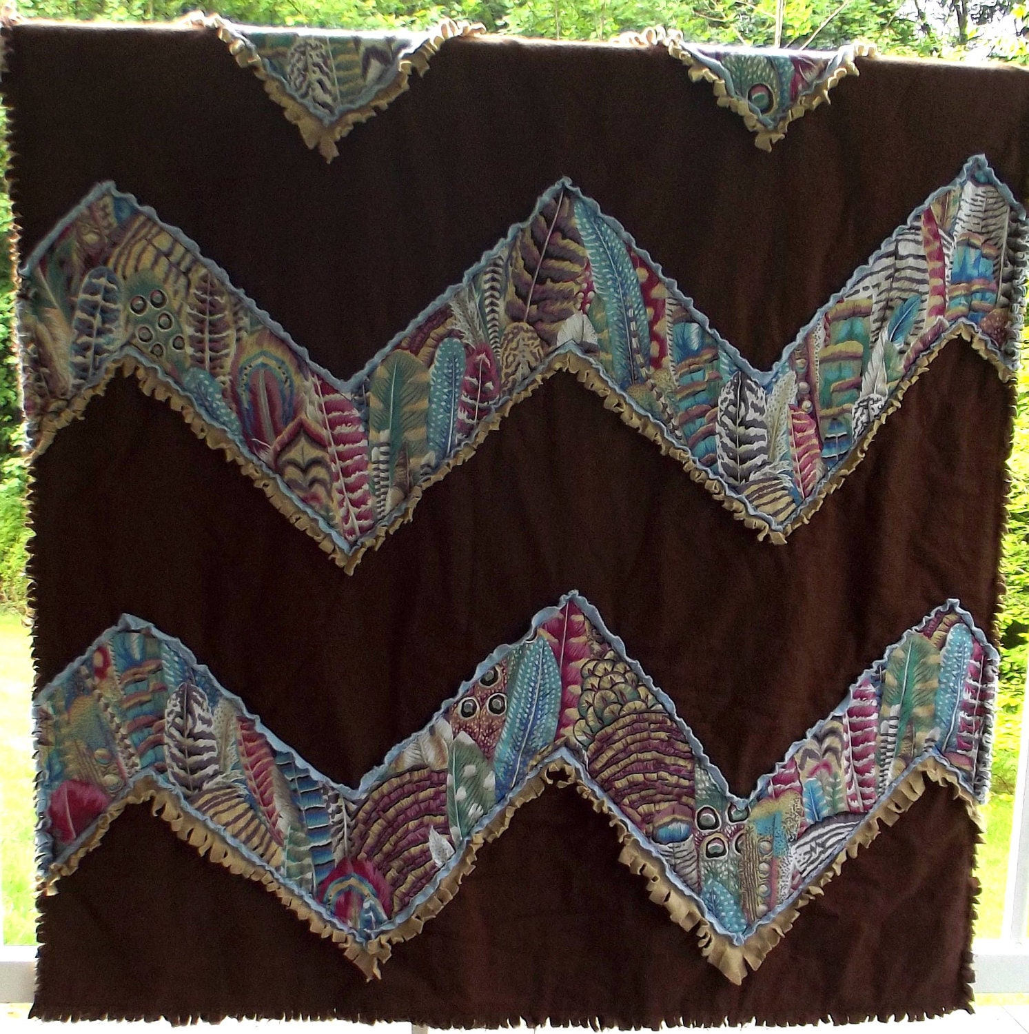 brown feather quilt blanket, chevron design