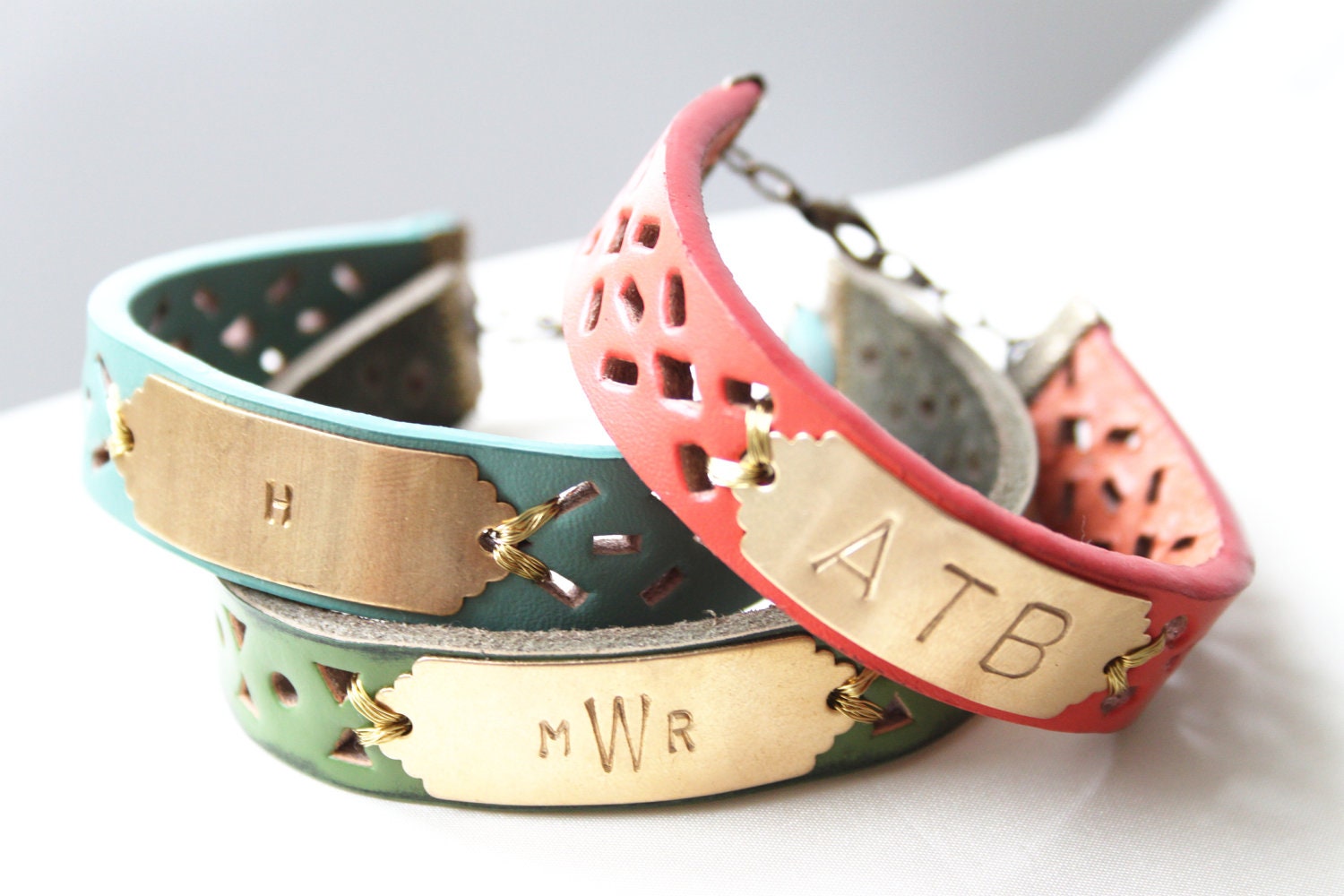 Monogram Coral Leather Bracelet, Initial Bracelet, Personalized Bracelet, Name Bracelet, Custom Name Bracelet
