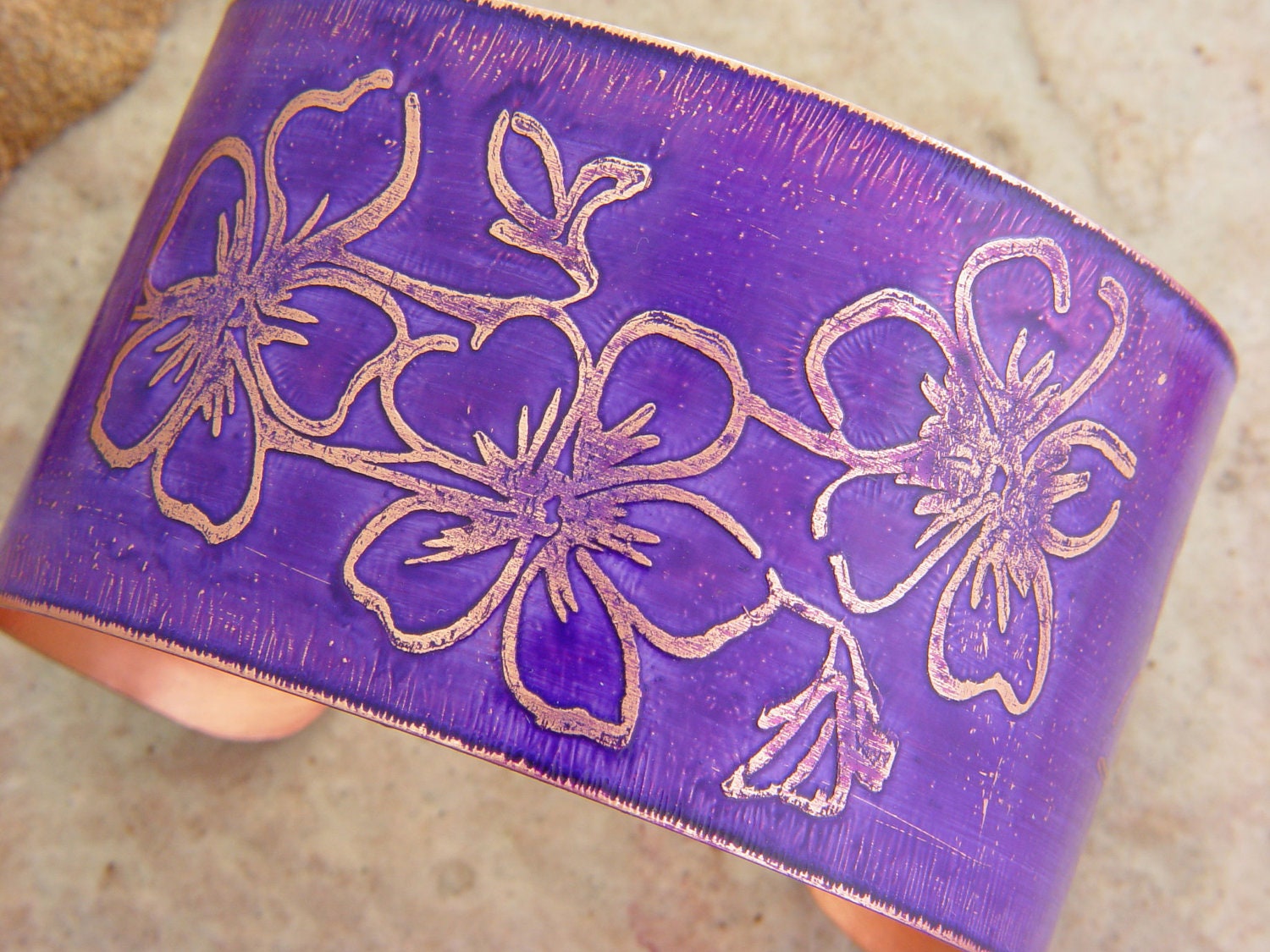 Etched Copper Bracelet Cuff Purple Violets, 1.5" Wide