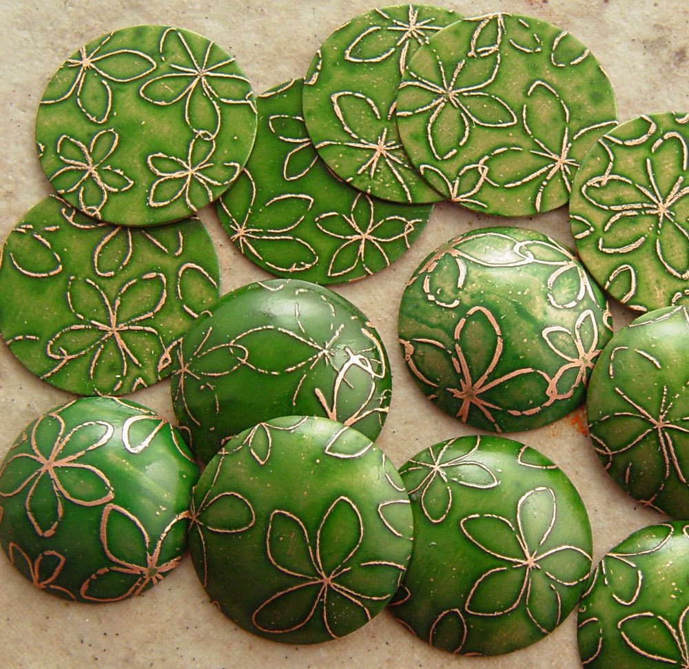 Etched Copper Round Disks, Fern Green Plumeria, 20mm, 1 Pair