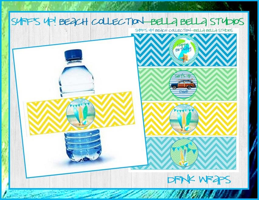 SURF PARTY Instant Download Printable DRINK Wraps - Summer Pool Beach Party by Bella Bella Studios Il_570xn