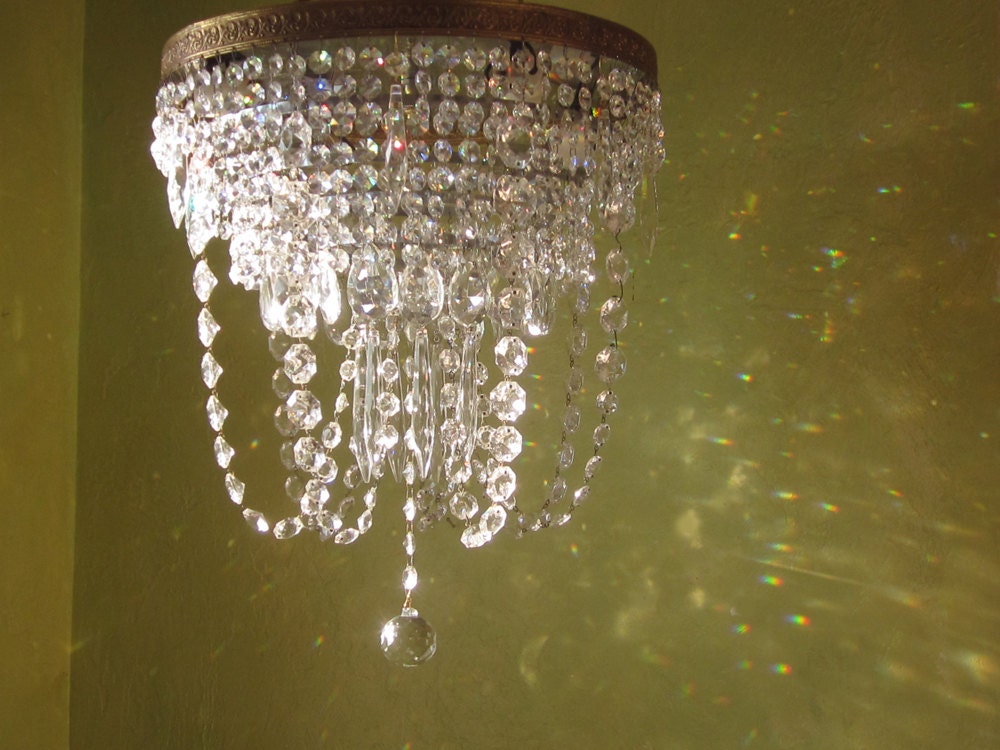 Vintage Crystal Ceiling Light, Large Flush Mount, Custom Prism Colors Available