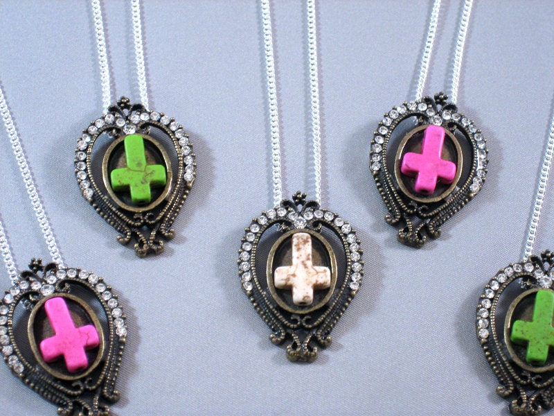 Crystals with tiny Inverted Cross Necklace - Ivory White - Howlite Stone