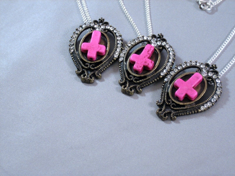 Crystals with tiny Inverted Cross Necklace - Pink - Howlite Stone