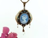 Light Blue Cameo Locket with crystal dangles Necklace