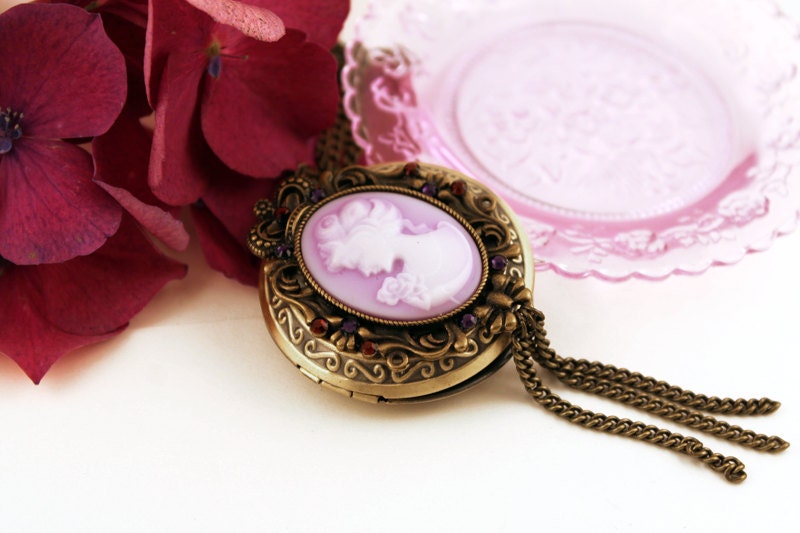 Lilac Cameo Locket with chain dangles Necklace