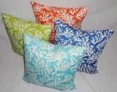 Two OUTDOOR Coral Print Pillow Cushion Covers Lime Manderine Blue Porch Decorative Pillows