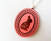 Summer Love Rabbit Cameo Necklace - Hand Painted Laser Cut Wood - Watermelon Pink