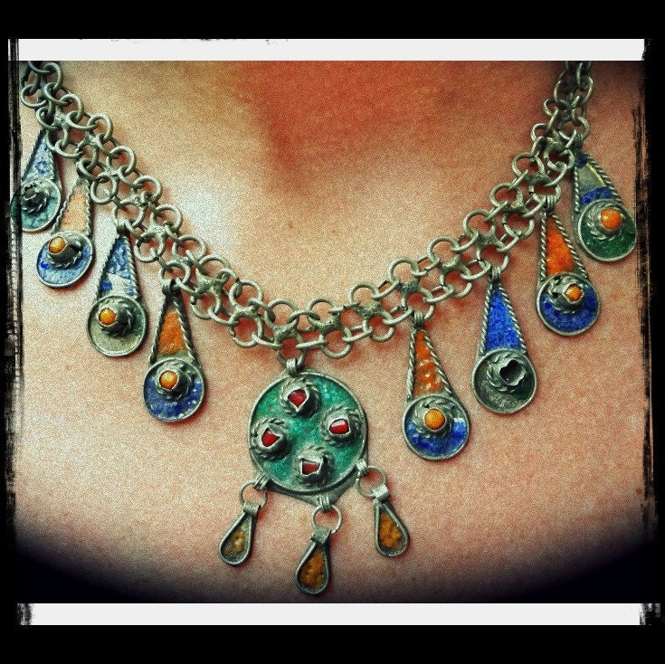Antique Tribal Moroccan Renaissance Necklace RARE Silver Bib Necklace